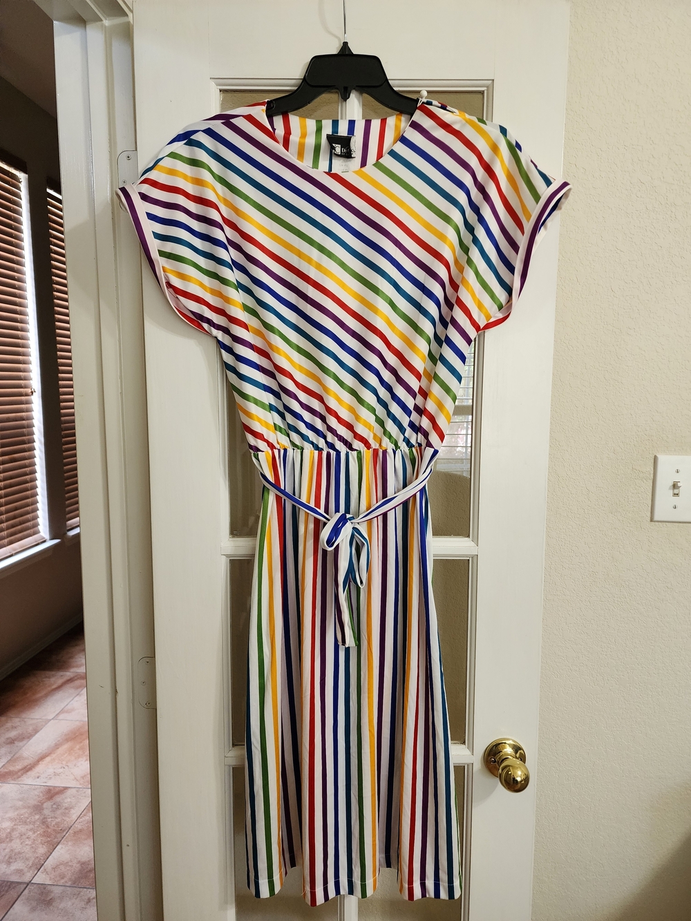 Vintage Y2K Di Carlo California Rainbow Stripe Midi Dress Large Belted